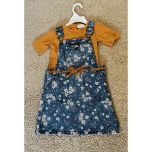 Little Lass Overall Jean Dress Orange Top Shirt Set Cotton Size 5 Girls
